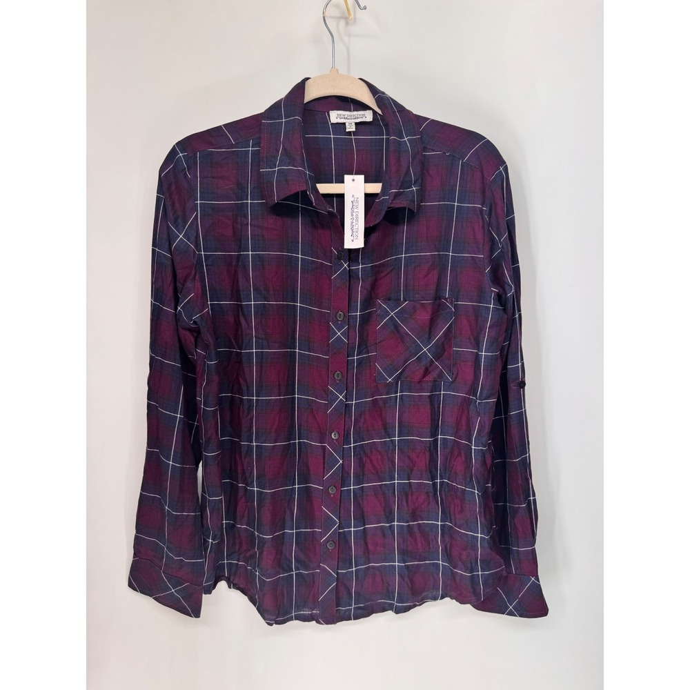 New Direction Shirt Womens M Navy Burgundy NWT Plaid Rayon Roll Tab Sleeve